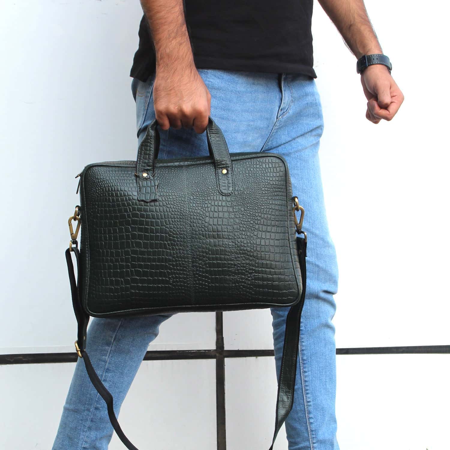 Genuine Leather Laptop Bag 14 inches Crocodilian texture Briefcase Men/Women Handmade Messenger Adjustable Shoulder Bag for Business Office Travel Genuine Leather Laptop Bag 14 inches Crocodilian texture Briefcase Men/Women Handmade Messenger Adjustable Shoulder Bag for Business Office Travel
